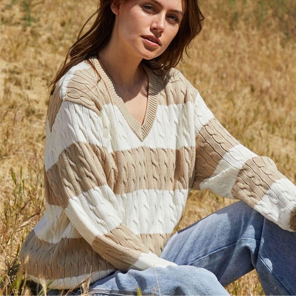 Brandy Melville Sweaters - Brandy Melville/John Galt Striped Nikki V-Neck Cable Knit Sweater beige white